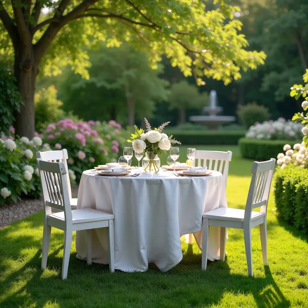 Serene Summer Garden with White Chairs Around Table