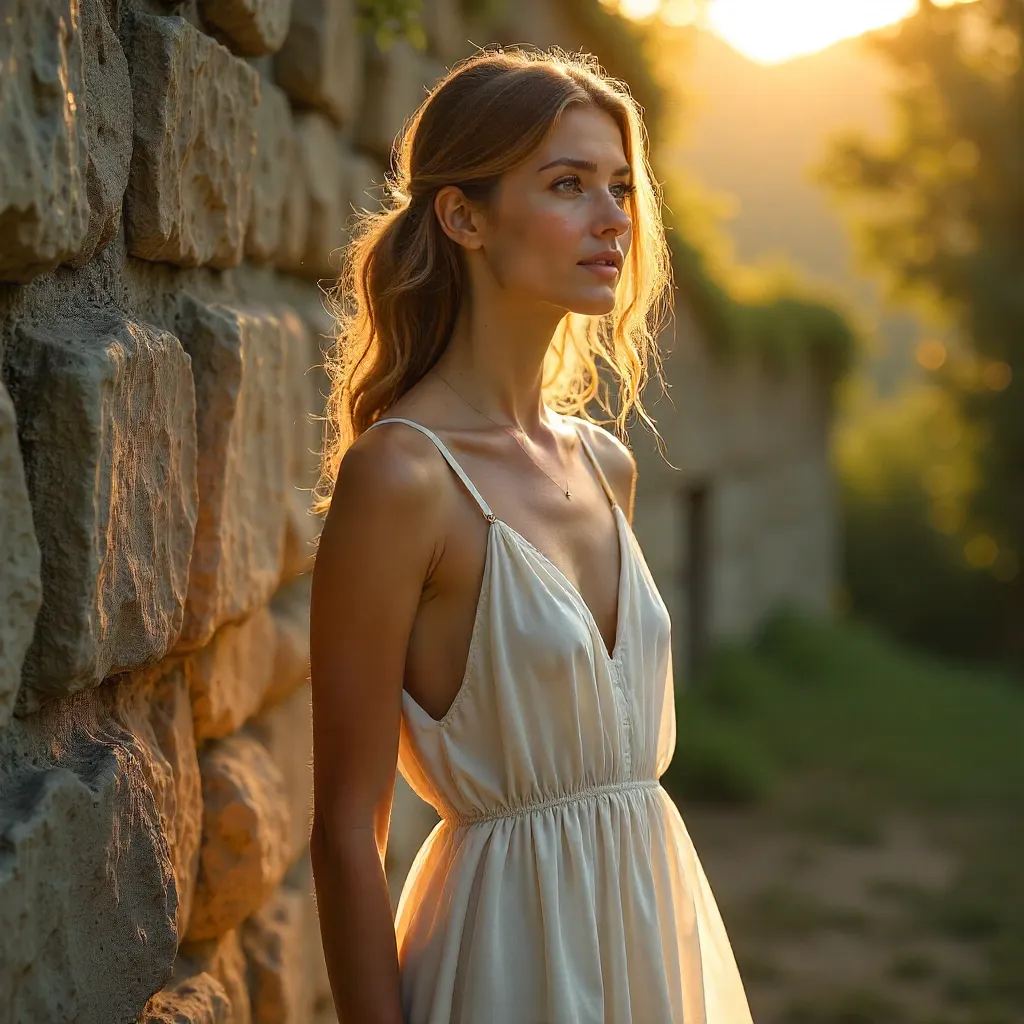 Sunlit Serenity: White Dress Against Stone Wall