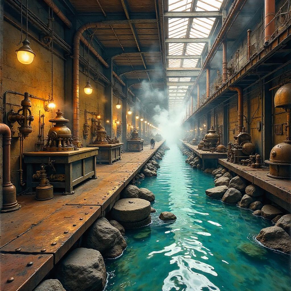 Watercolor River Flowing Through a Brass Steampunk Workshop