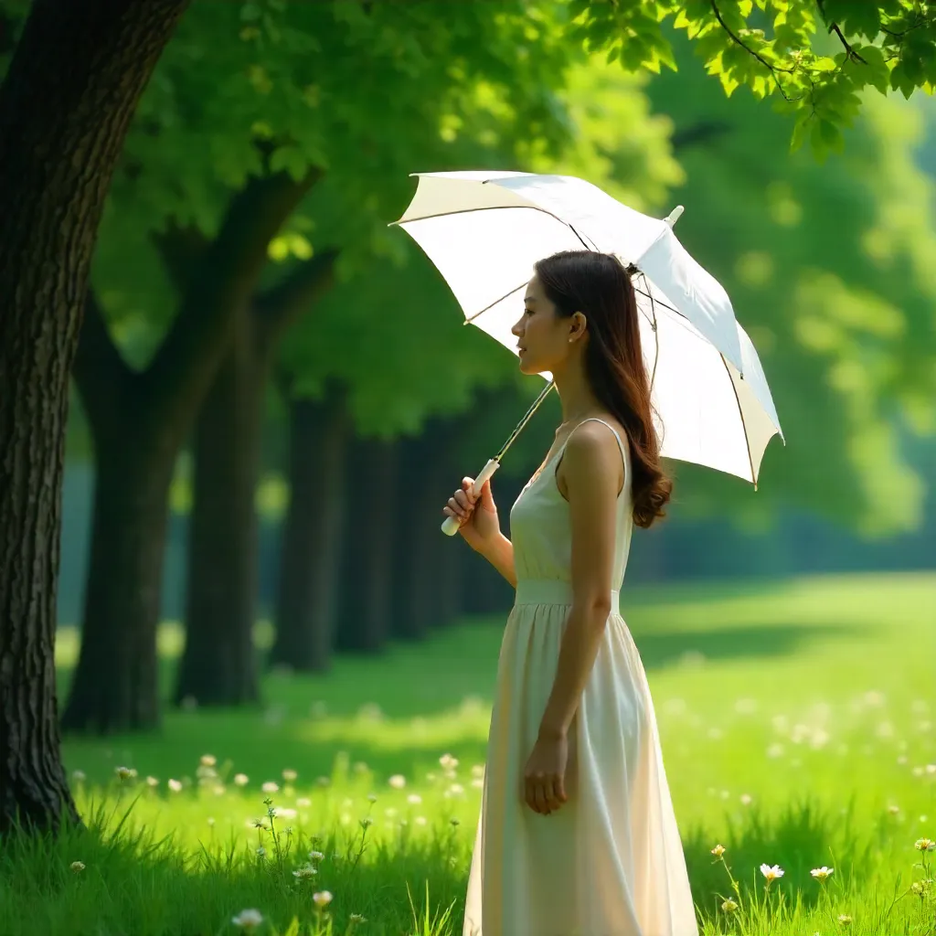 Woman with White Umbrella Among Lush Green Trees
