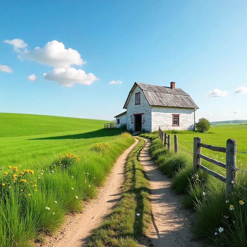 Solitary White Barn in Lush Green Fields Under a Bright Blue Sky