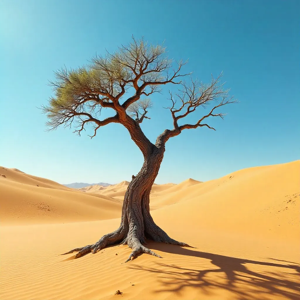 Solitary Tree in a Vast Desert Under a Clear Blue Sky