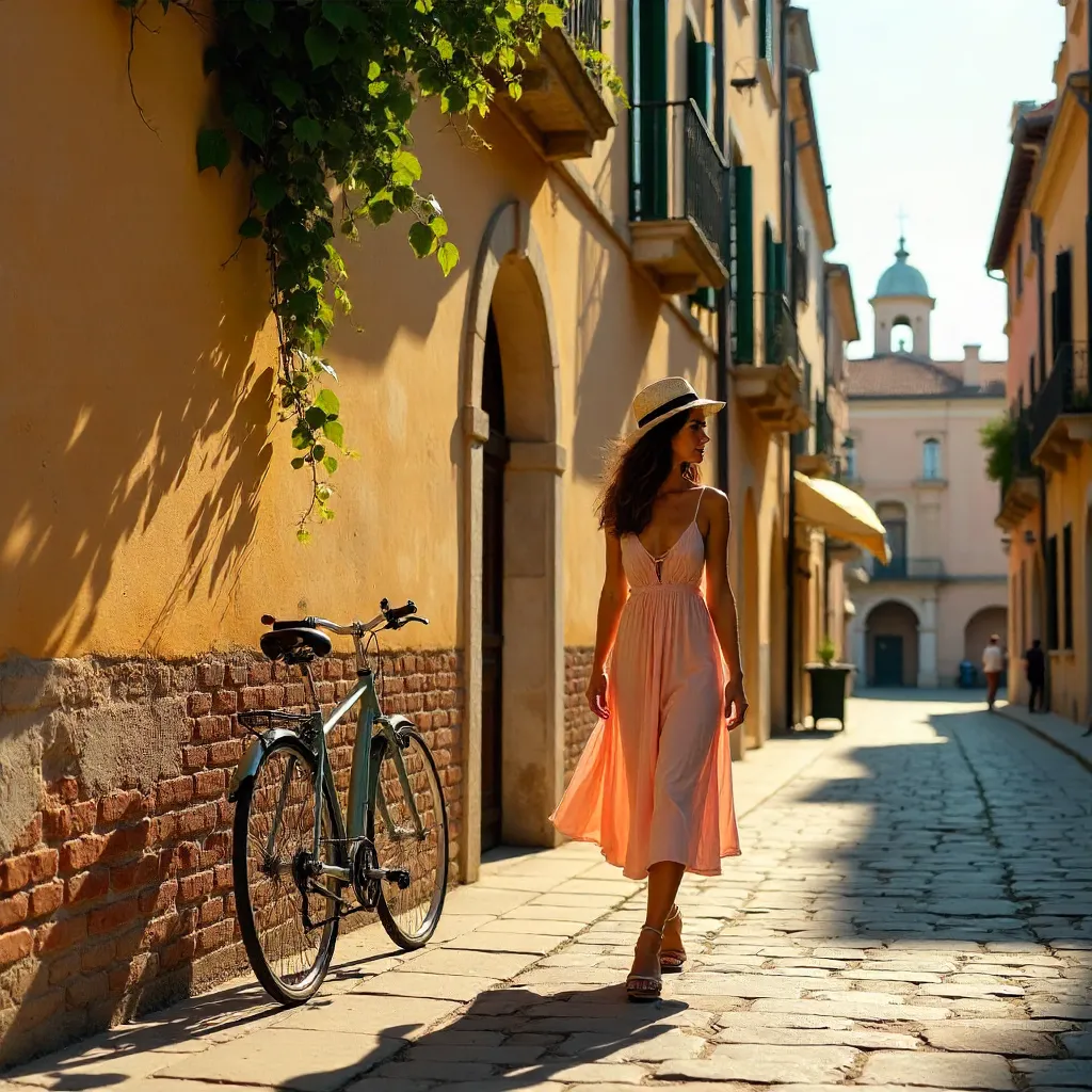 A Woman Walks by Padova's Rustic Wall