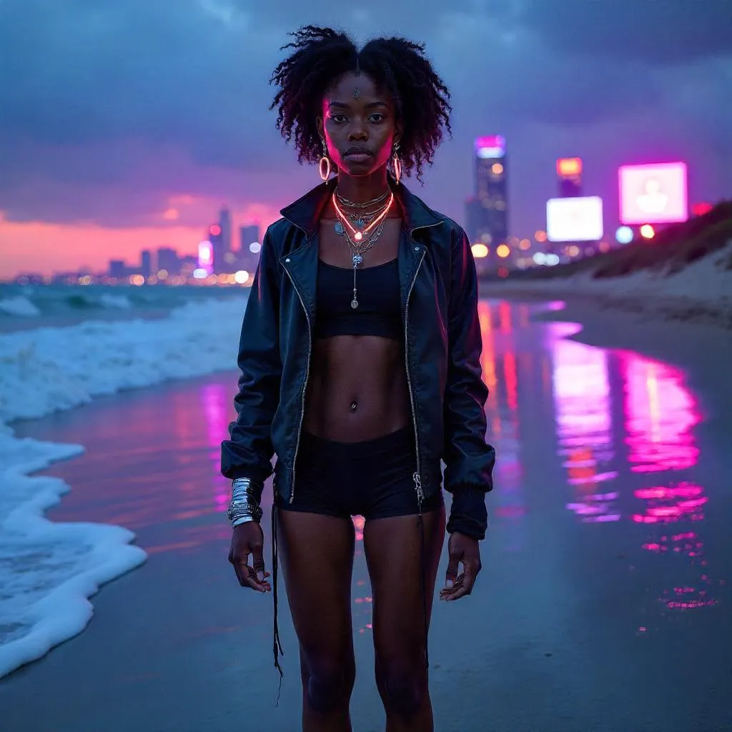 Neon Tide: Cyberpunk Beach Portrait