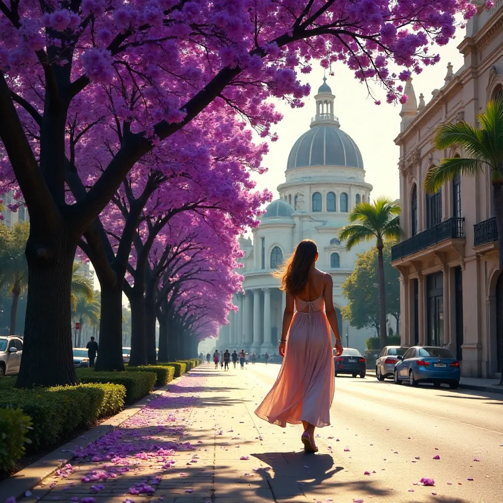 Strolling Woman Under Jacarandas by CDMX Architecture