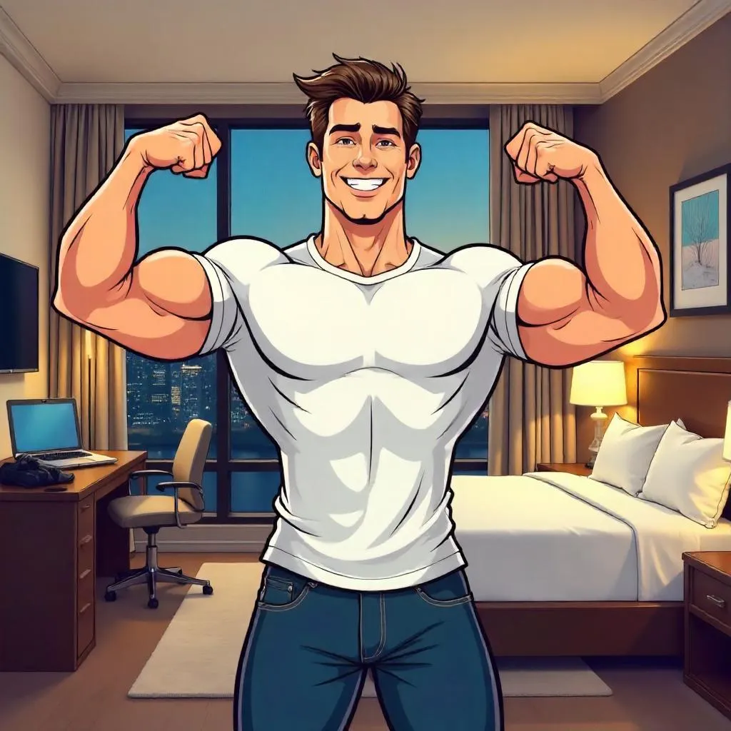 Heroic Cartoon White Man in a Hotel Room