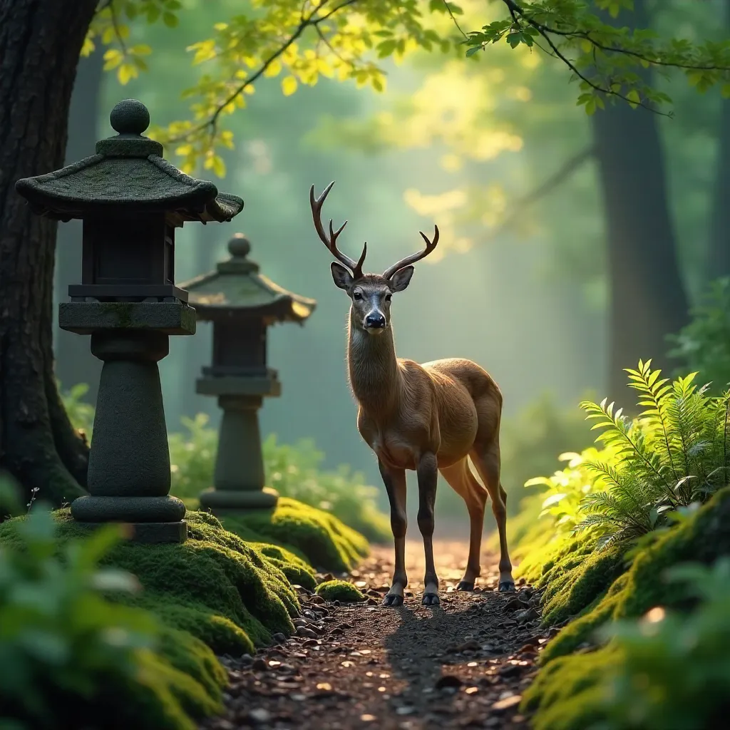Sika Deer on Forest Path with Japanese Stone Lanterns
