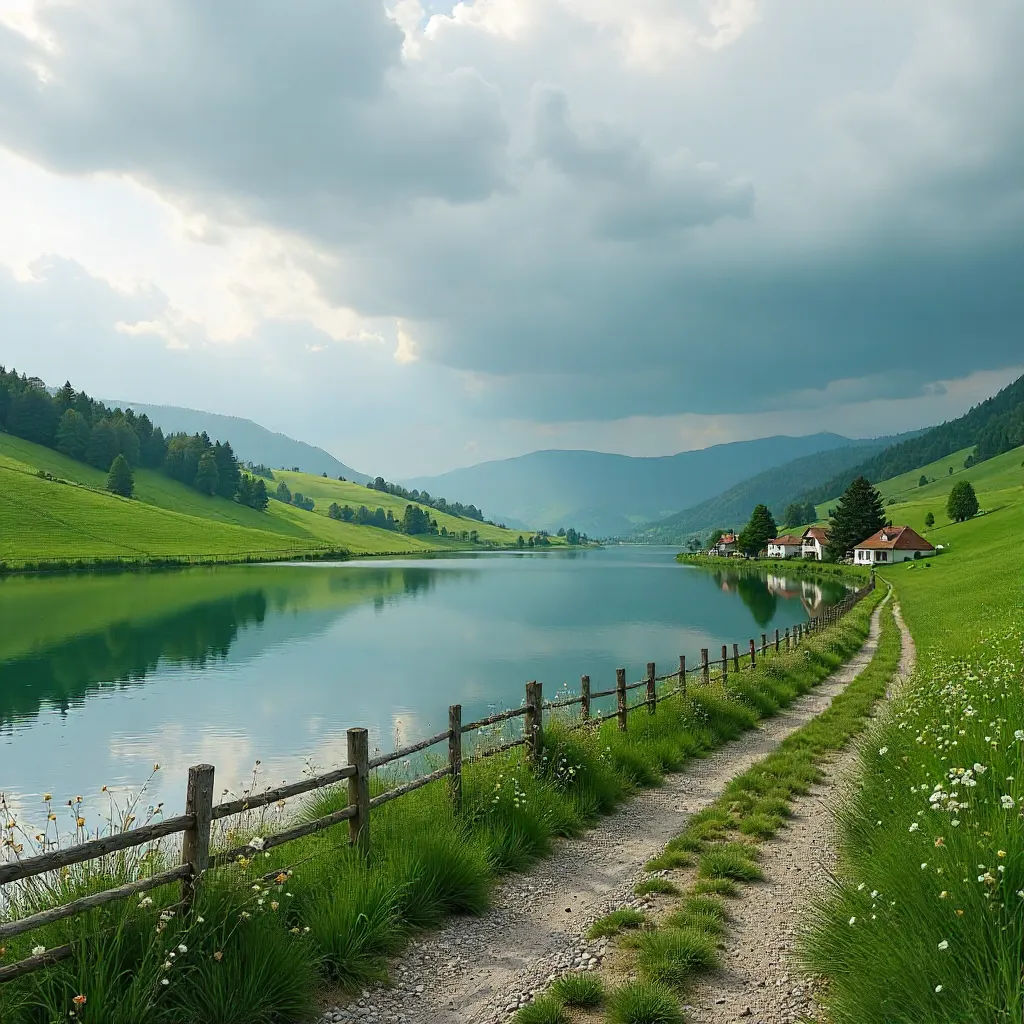 Emerald Bulgarian Fields by a Quiet Lake Under Clouds