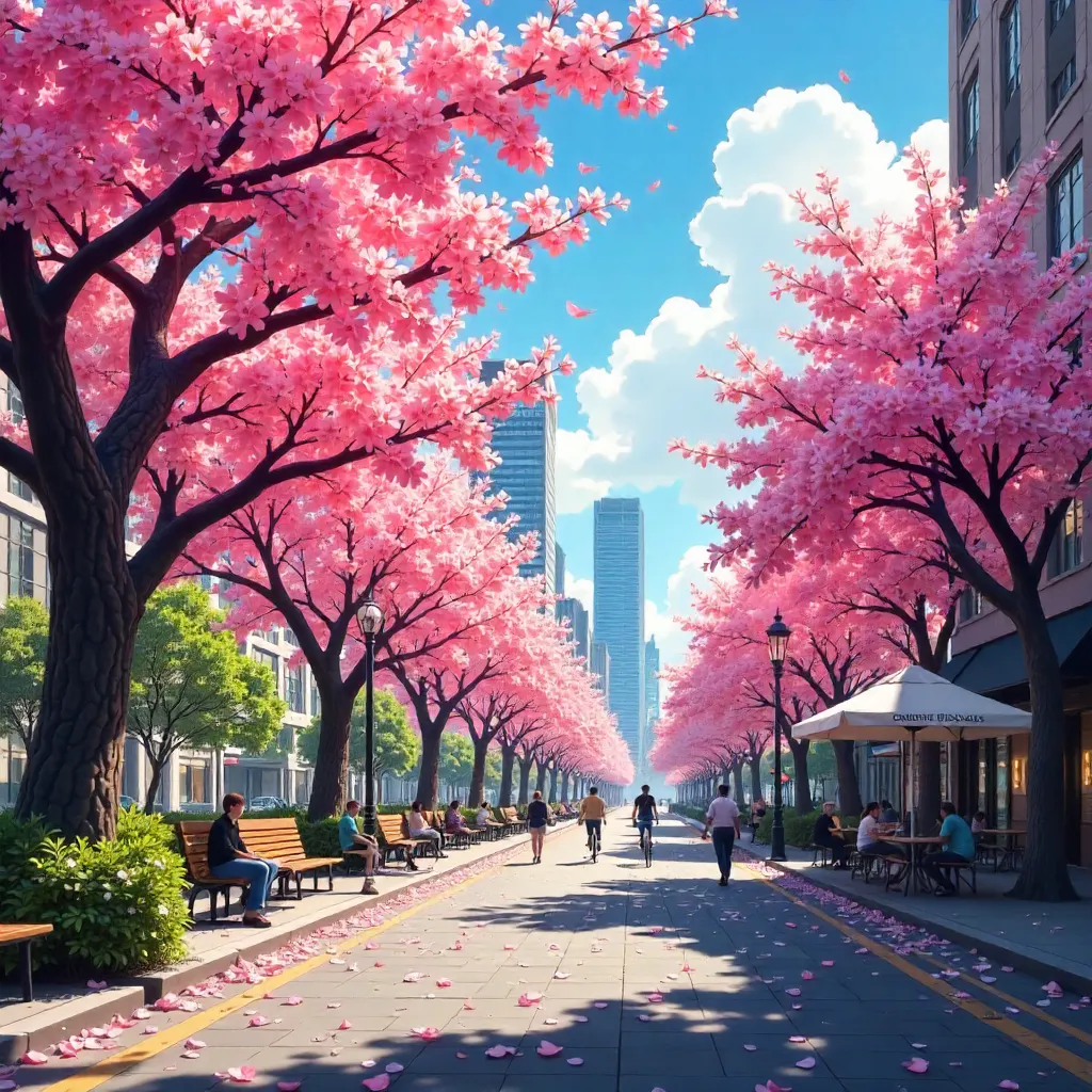 Vivid Cherry Blossoms in a Sunlit City