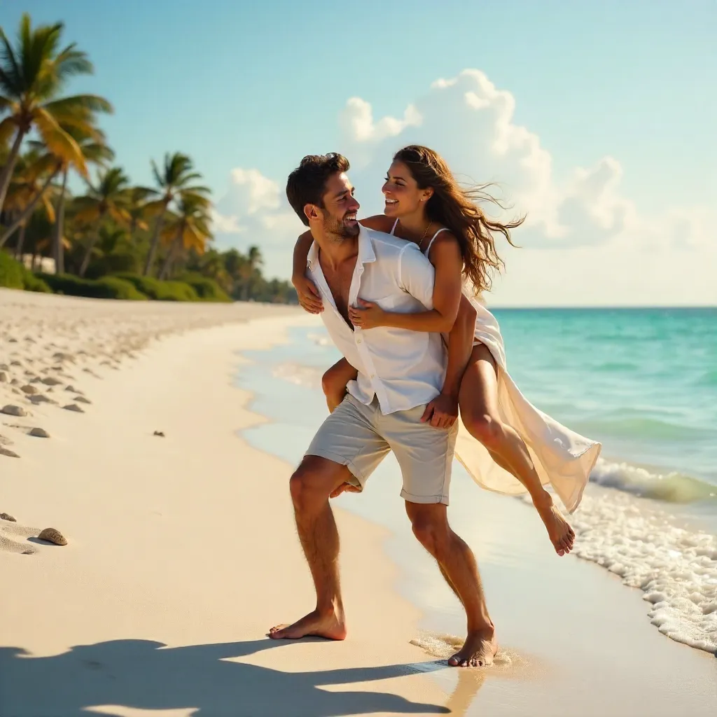 Laughing Couple on a Serene Beach Piggyback Ride