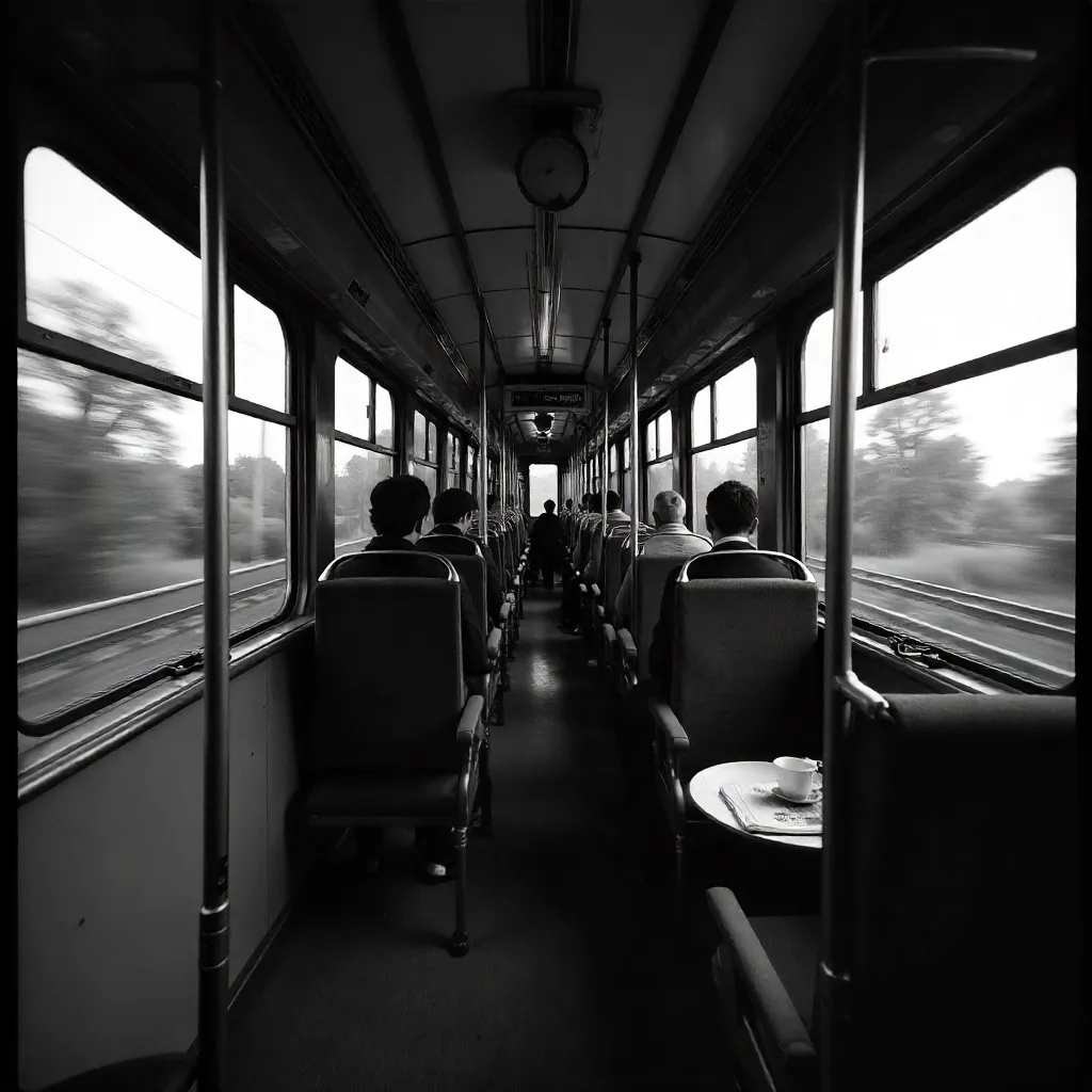 Black-and-White Train Interior in Motion