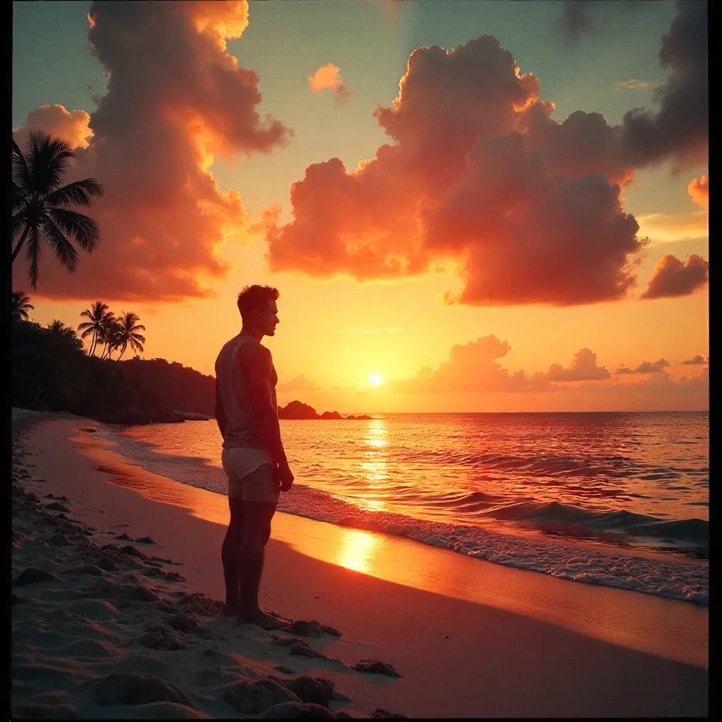Silhouette at Sunset: Vintage Beach Scene
