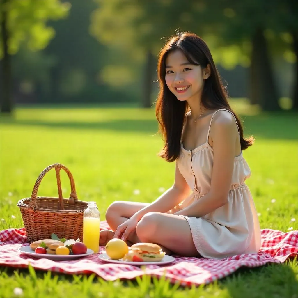 Photorealistic Picnic with a Young Asian Woman