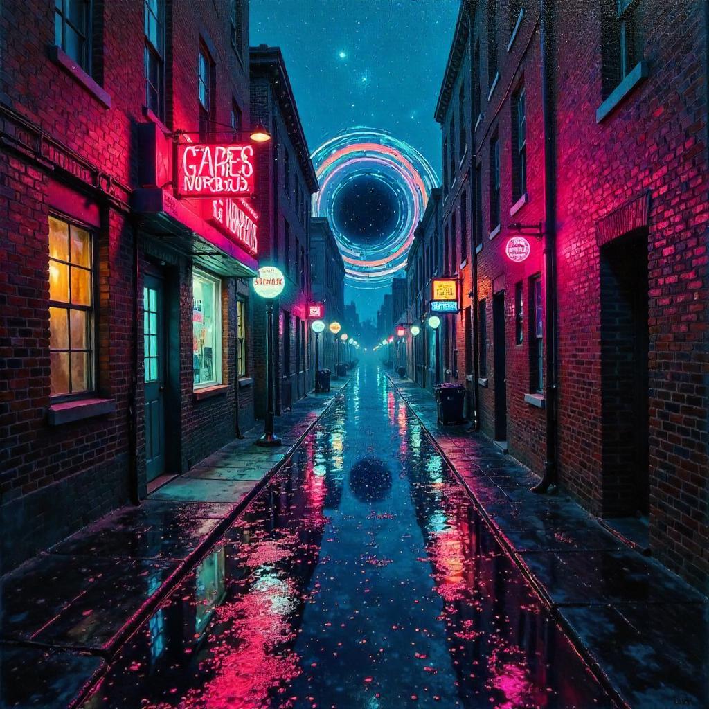Neon Alley Black Hole in Oil Painting