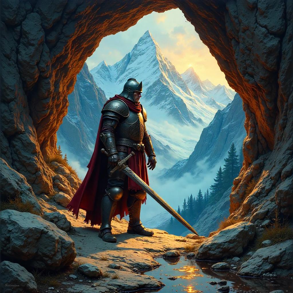Warrior in a Mountain Cave - Oil Painting