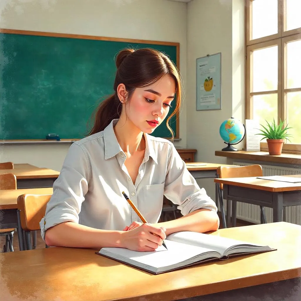 Watercolor Portrait of a Young White Woman in a Classroom