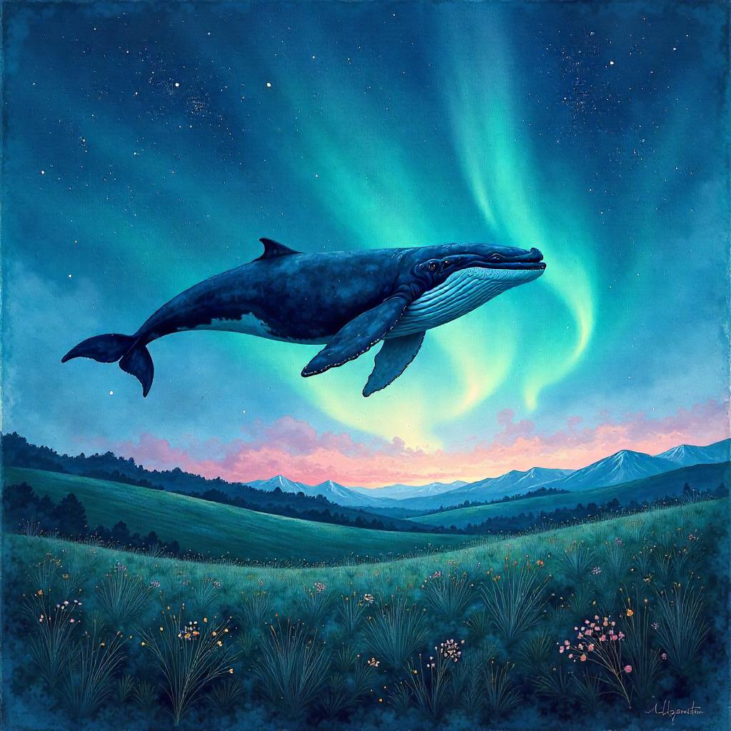 Whale Under Aurora Fields - A Watercolor Dream