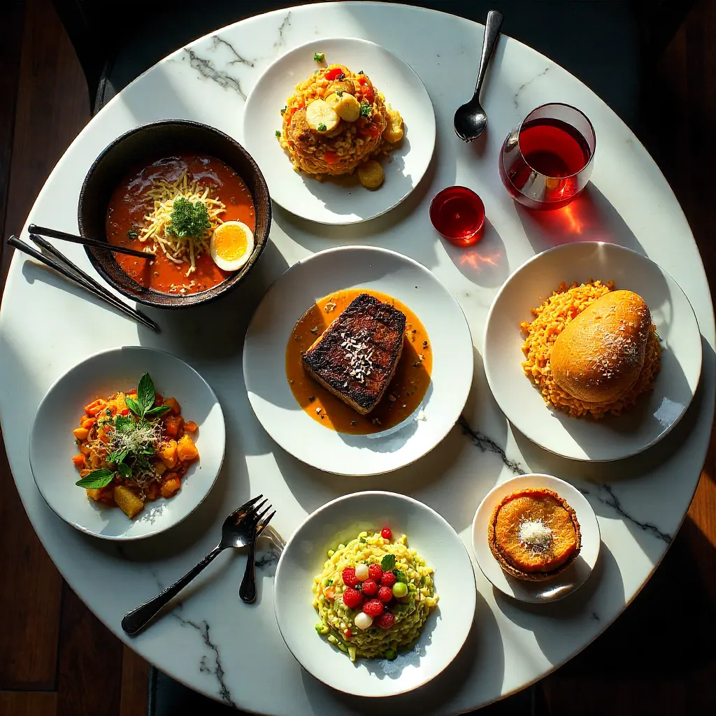Top-Down Marble Table: Delicious Restaurant Spread