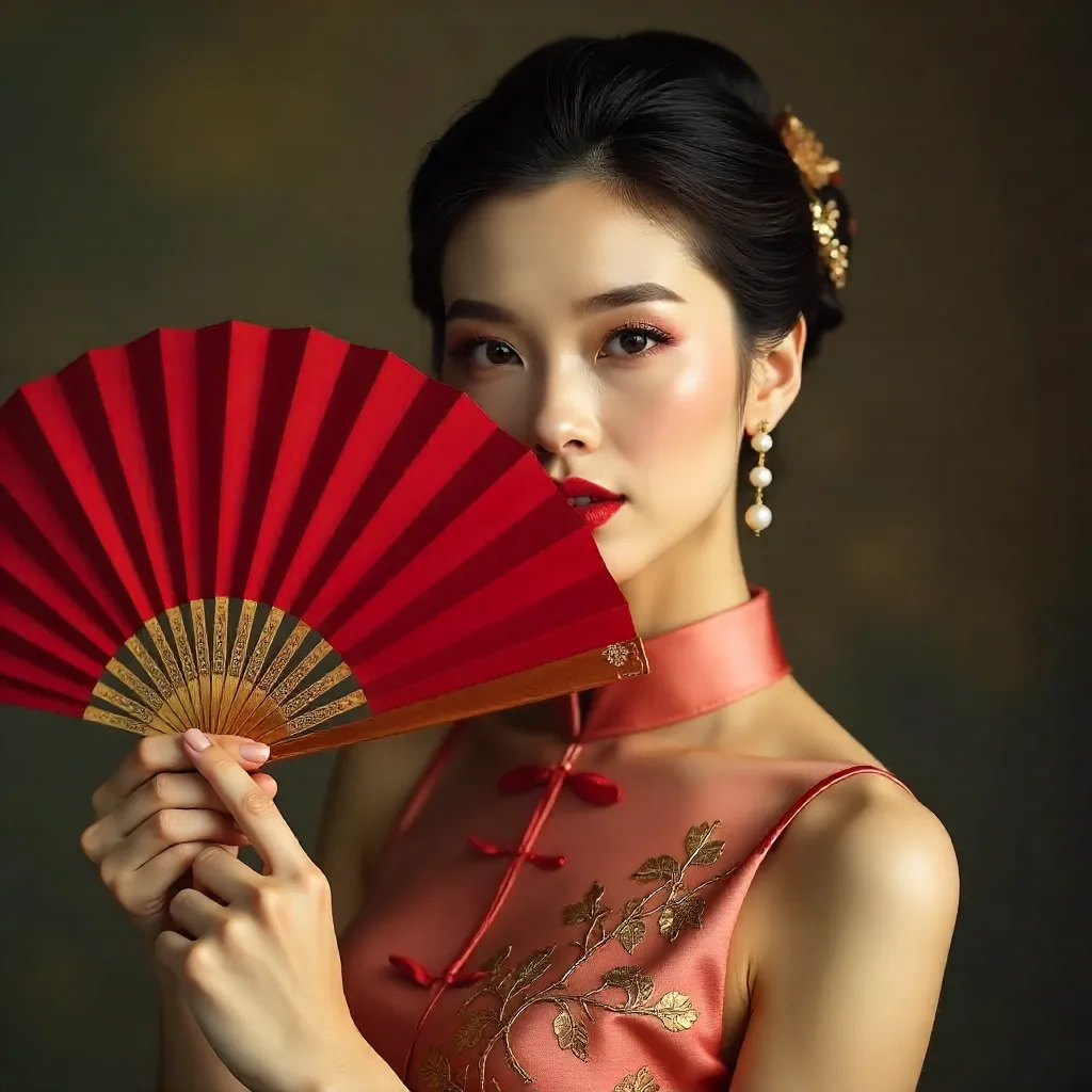 Elegant Asian Fashion Portrait with Red Folding Fan
