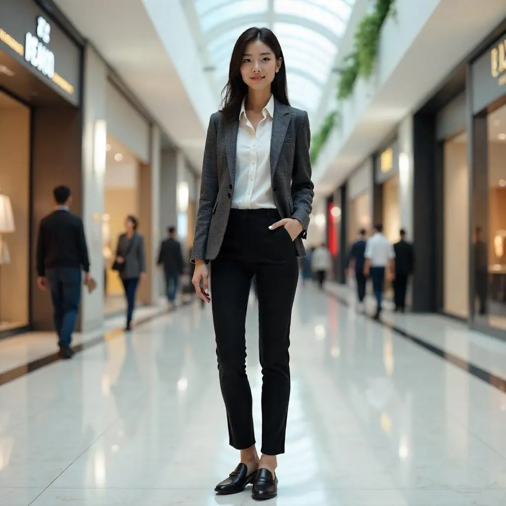 Confident Asian Woman in a 3D Shopping Mall