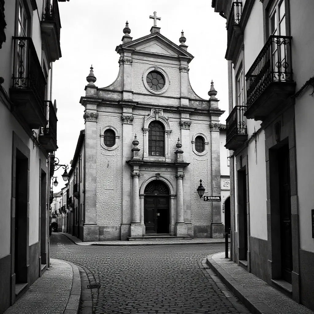 Monochrome Porto: Historic Church and Cobblestone Street