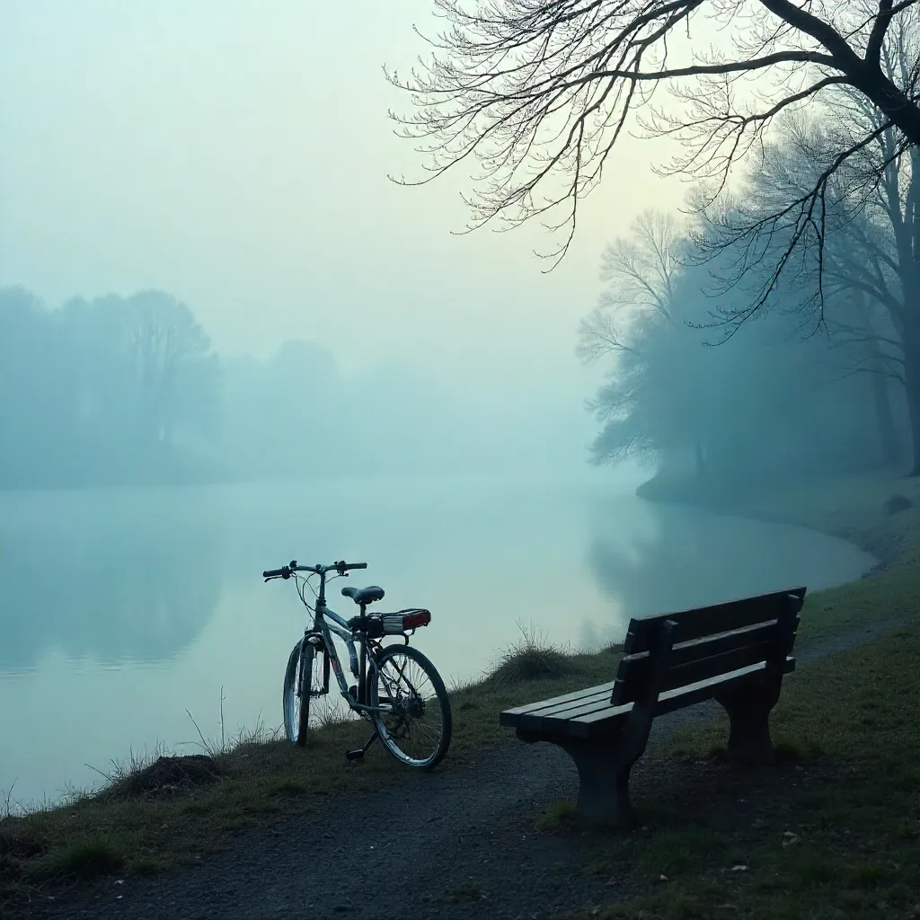 Mist and Bicycle by the Quiet Riverbank