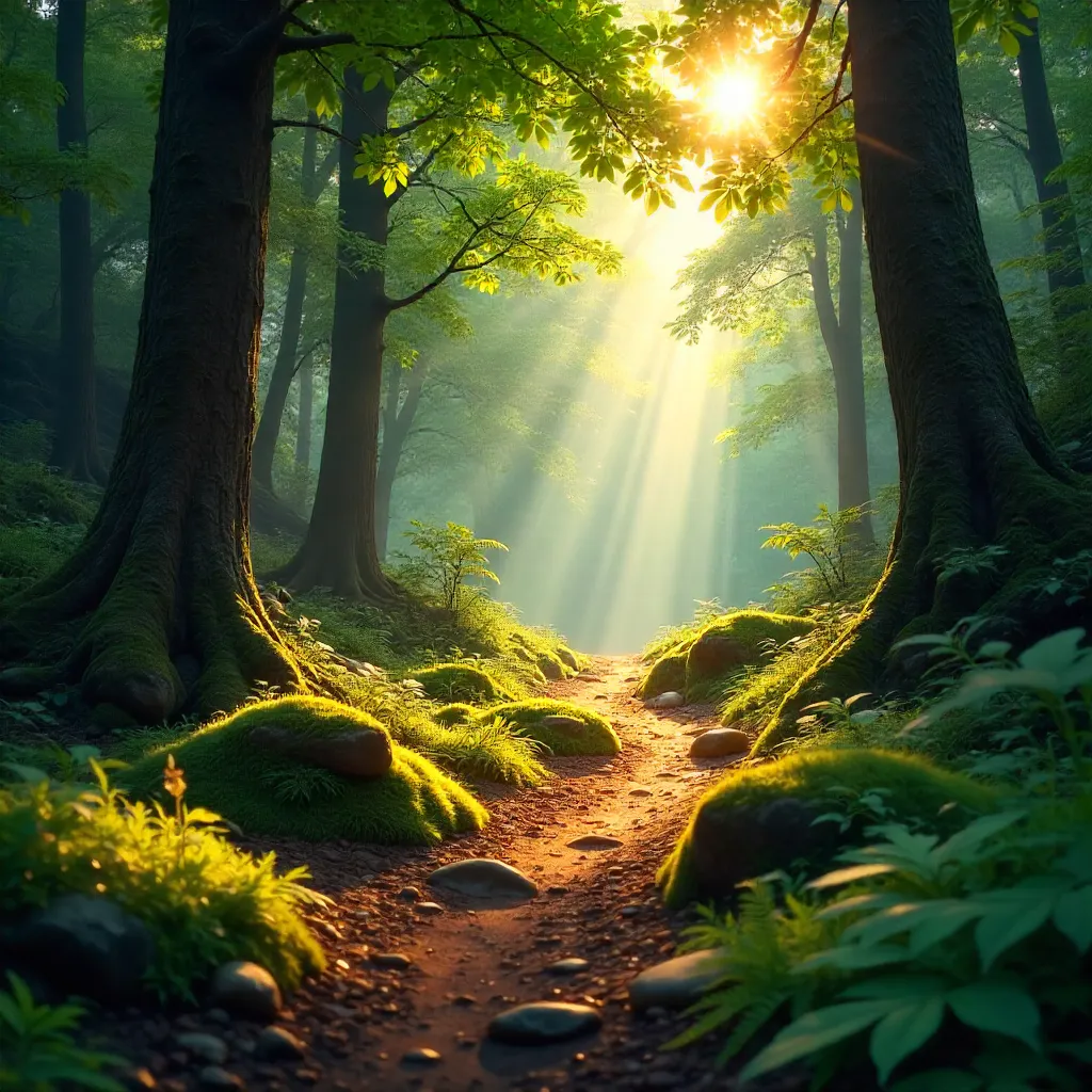 Sunlit Forest Path: A Tranquil Morning Walk
