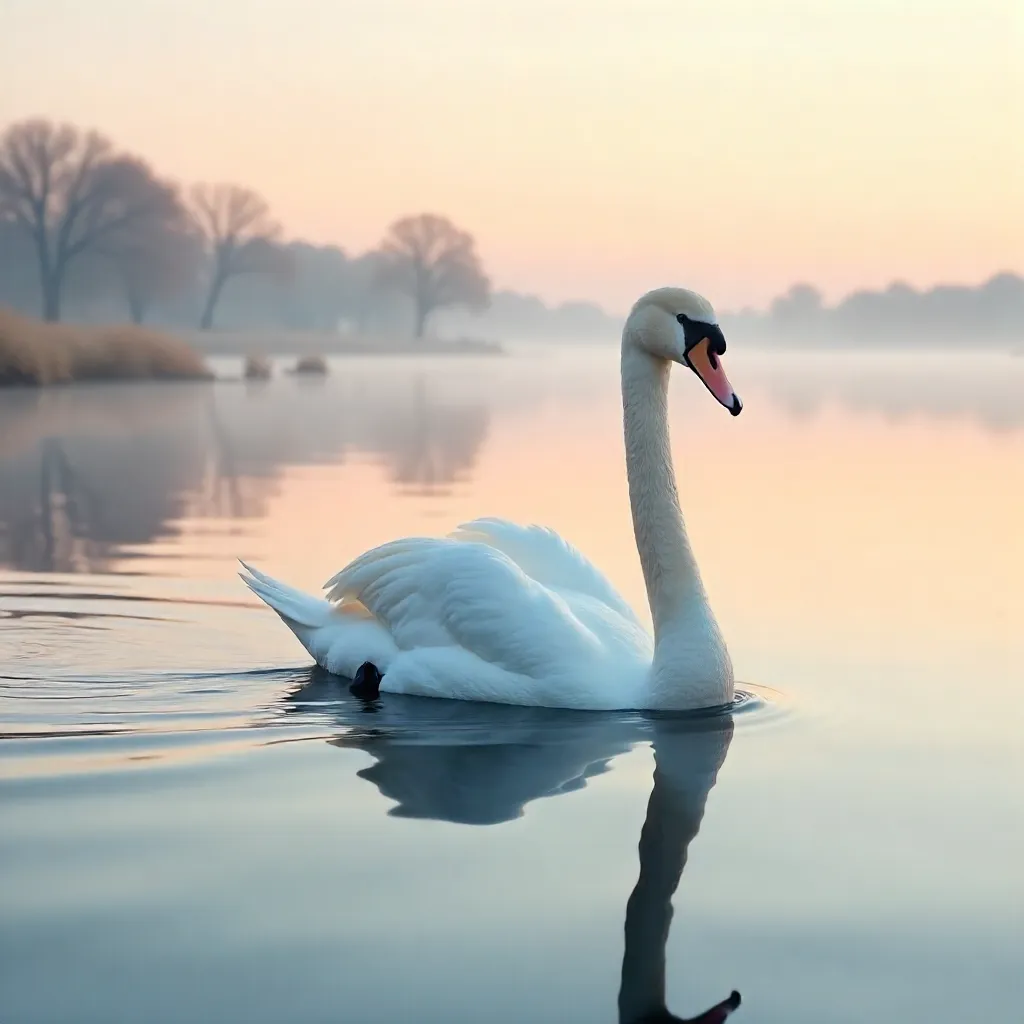 Serene White Swan on a Glassy Lake at Dawn