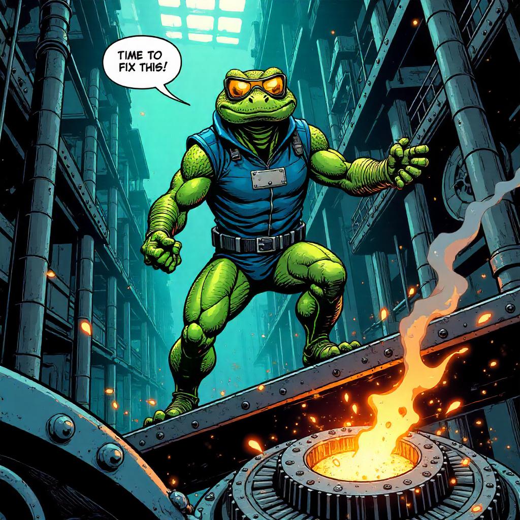Lizard Hero in a Dynamic Factory, Comic Book Style