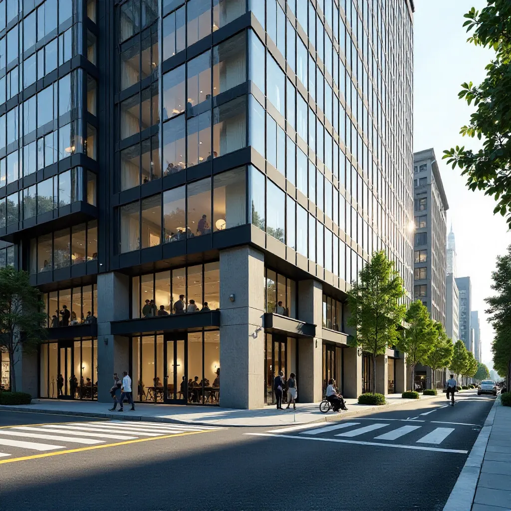 Contemporary Office Facade on Tree-Lined Street