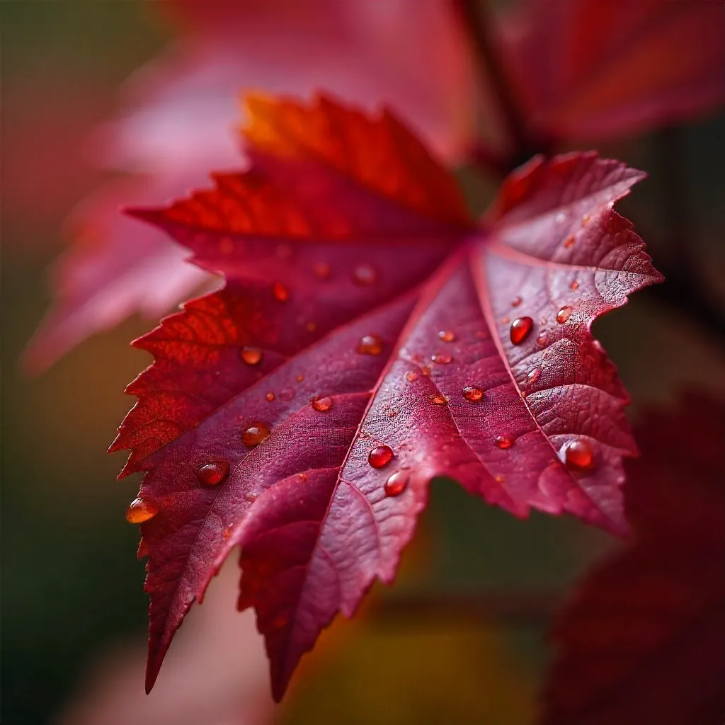 Close-Up Red Autumn Leaves with Raindrops