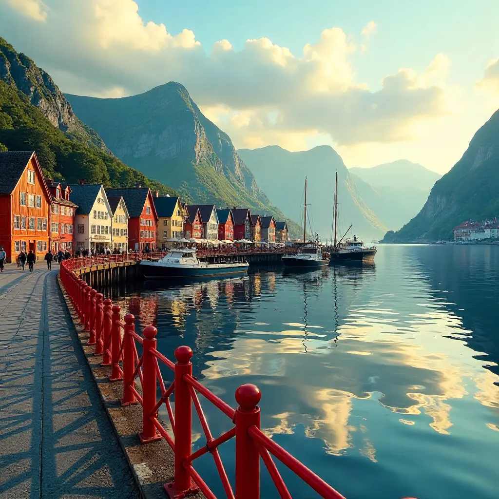 Bergen Harbour: Red Railings and Fjord Mountains