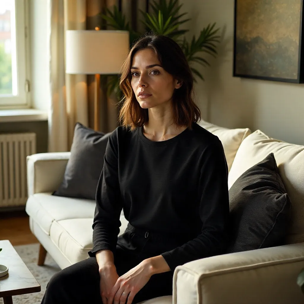 Contemplative Woman in a Black Top on a Stylish Sofa