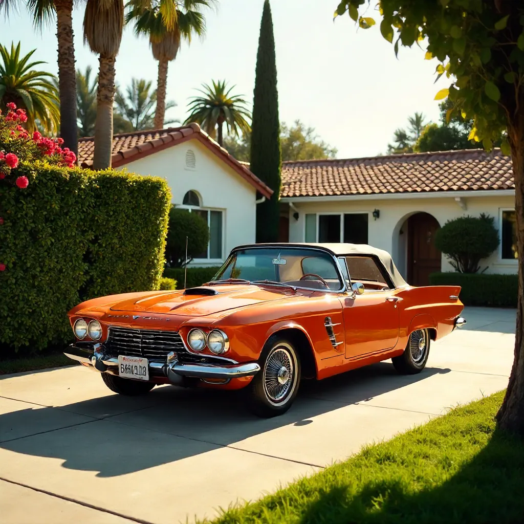 Classic Orange Car in a Sunny LA Suburban Driveway