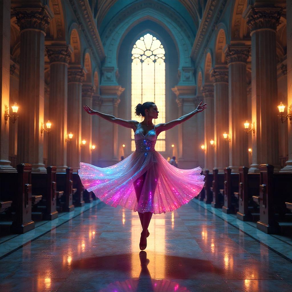 Neon Dancer in a Sacred Synagogue - Digital Art