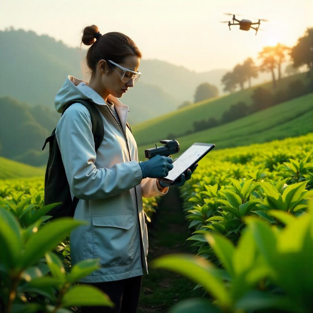 3D Rendered Scientist in a Tea Plantation