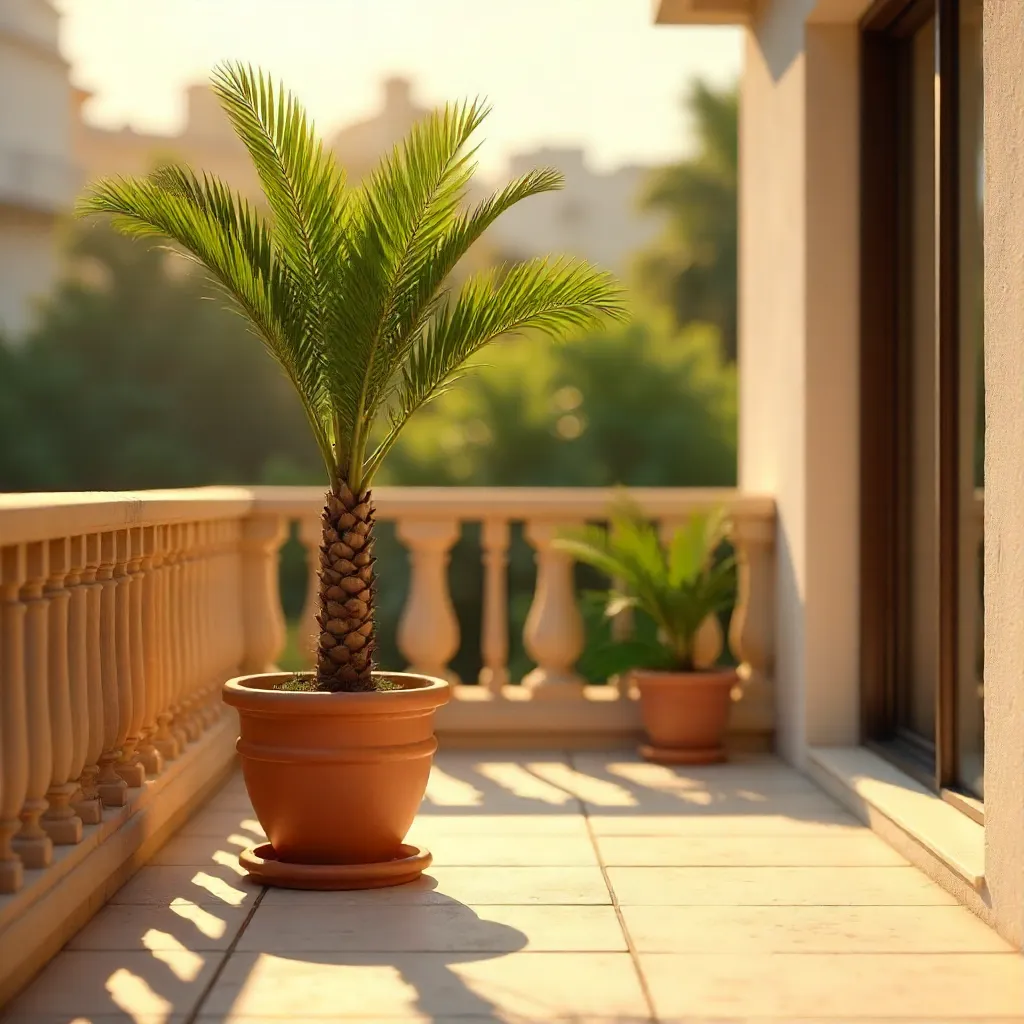Solitary Palm in a Pot: Serene Afternoon Shadows