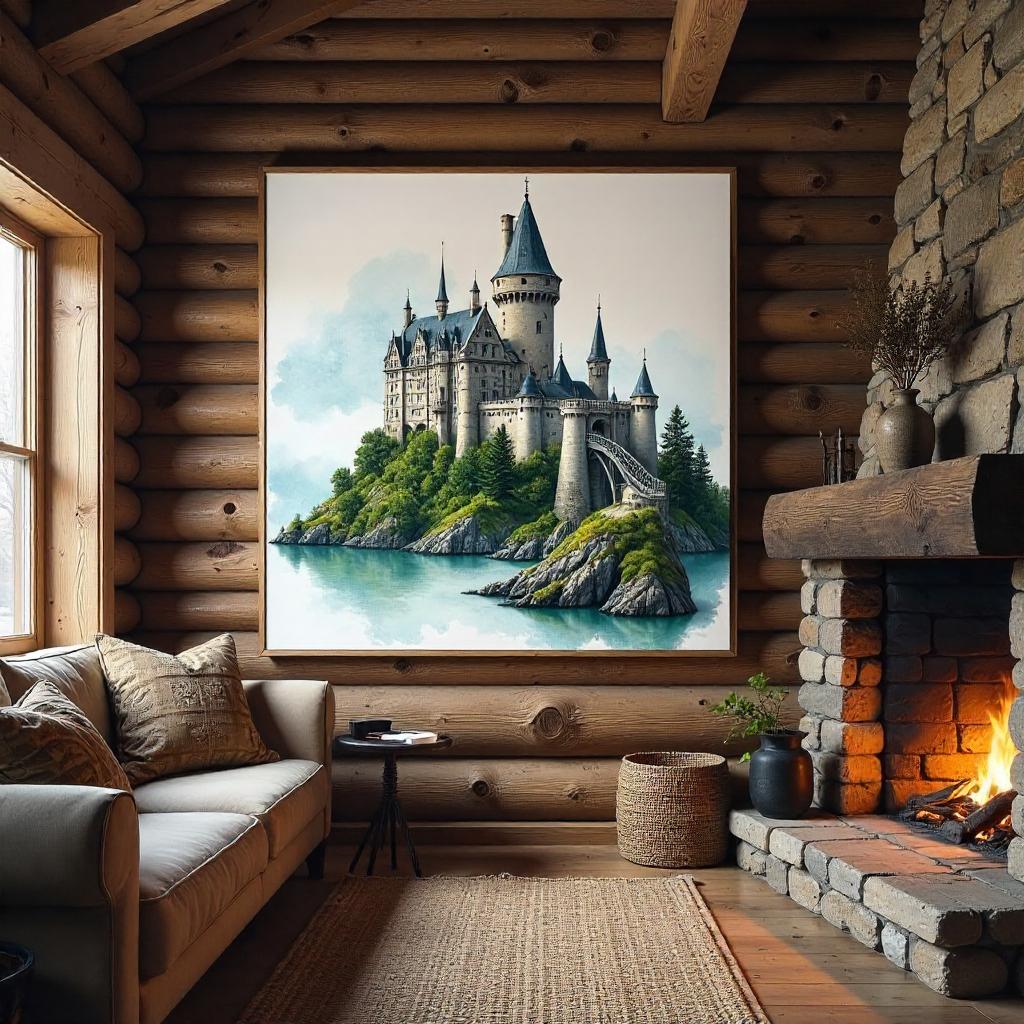 Castle Watercolor in a Cozy Log Cabin