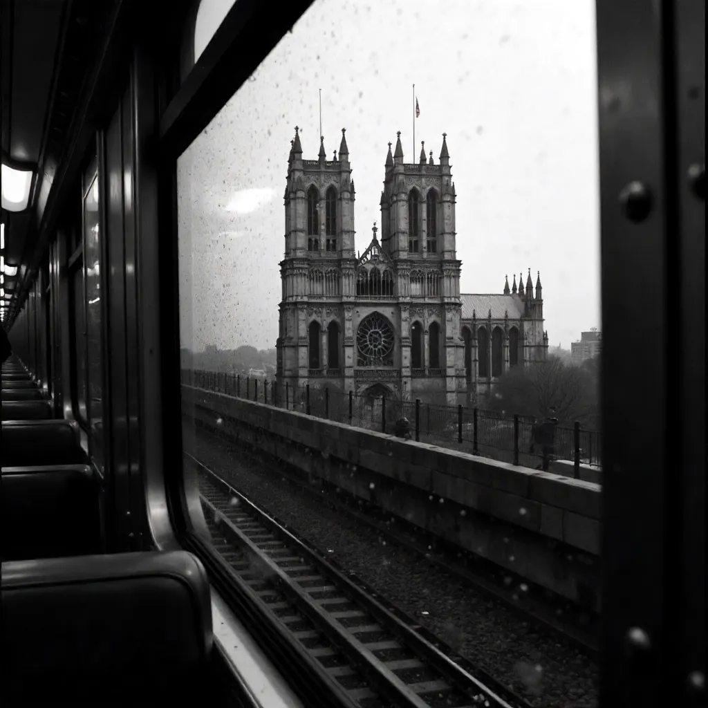 Black and White Gothic Towers Through Subway Window