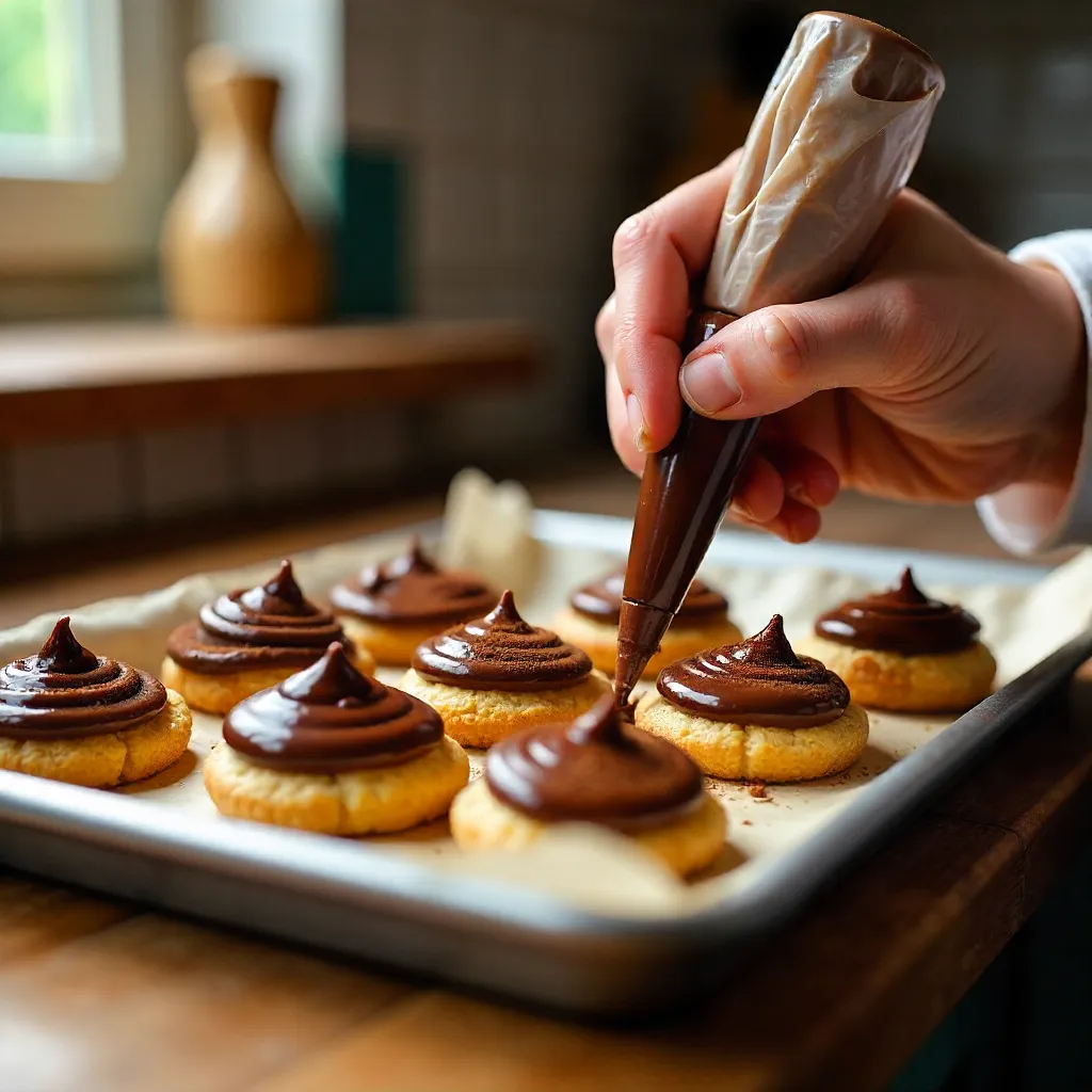 Close-Up Frosting Choux Pastry with Chocolate