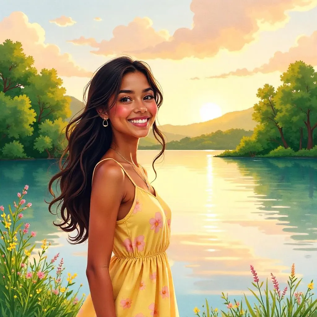 Cheerful Latina by a Lake — Watercolor Portrait
