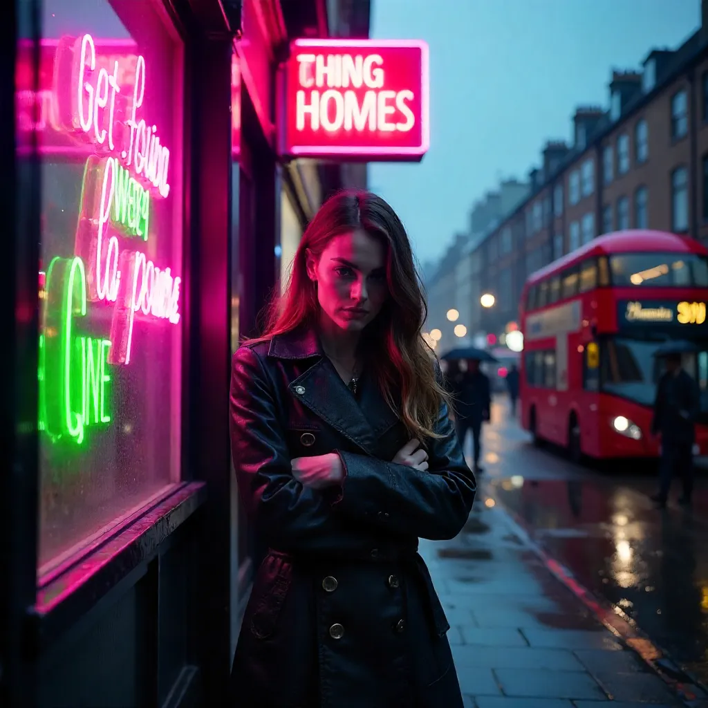Rainy London Moment: Woman Shields from Neon Sign