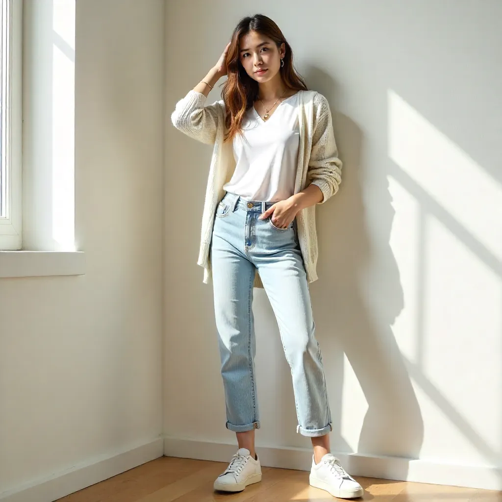 Casual Chic Indoor Portrait Against a White Wall