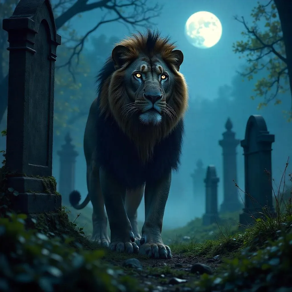 Photoreal Lion in a Moonlit Graveyard
