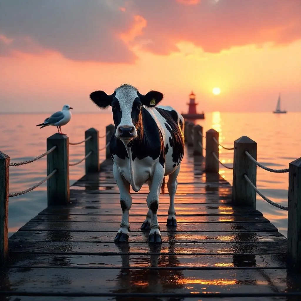 Photorealistic Cow on a Seaside Pier at Sunset