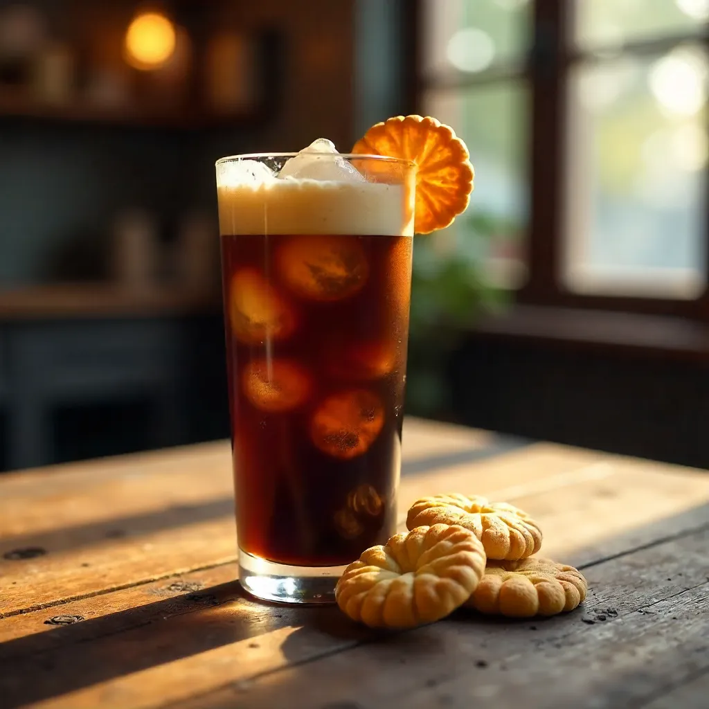 Iced Coffee Glass with Crunchy Biscuits on Rustic Wood