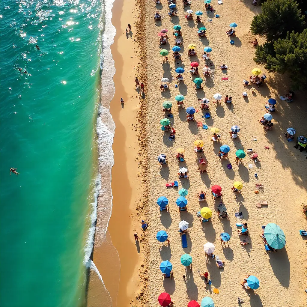Aerial Beach Day: Sunlit Umbrellas and Swimmers