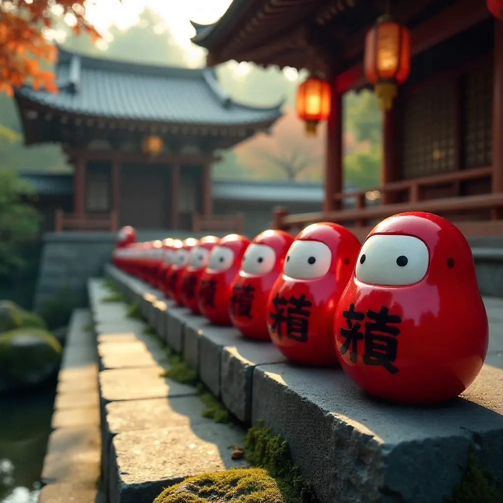 Red Daruma Dolls at a Tranquil Japanese Temple