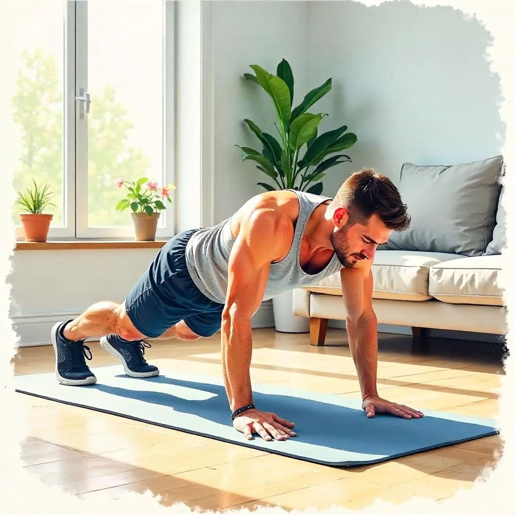 Watercolor Athlete at Home Doing Push-Ups