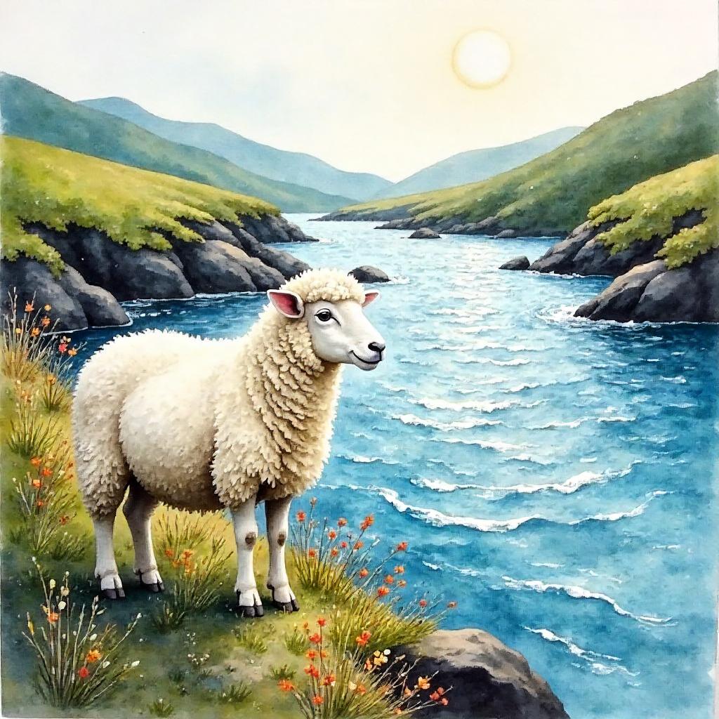 Watercolor Sheep by a Rushing River